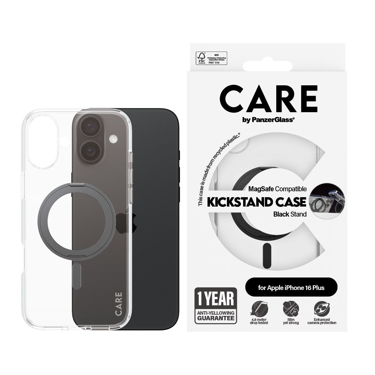 CARE by PanzerGlass® Case Transparent w. Black Kickstand & MagSafe iPhone 16 Plus